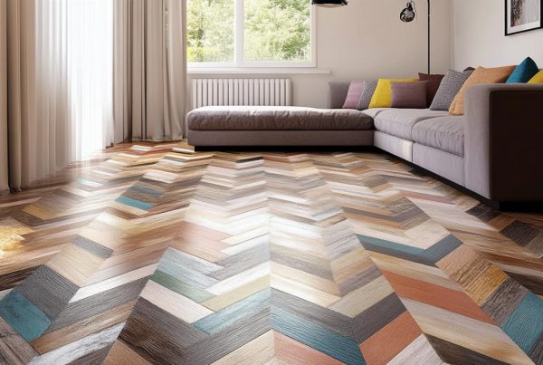 Parquet chevrons de couleur dans salle de séjour