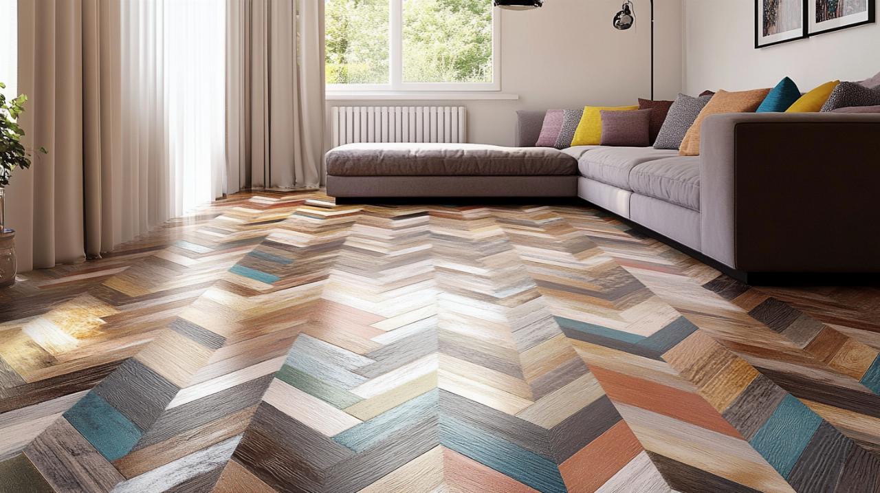 Parquet chevrons de couleur dans salle de séjour