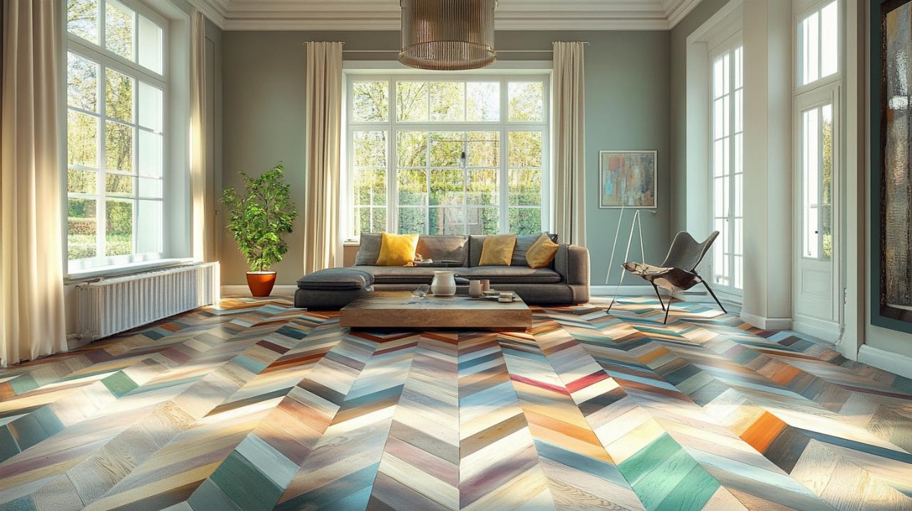 Salle de séjour avec un parquet chevrons de couleurs pour plus de lumière