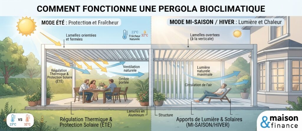 Pergola bioclimatique aluminium à lames orientables sur terrasse moderne, protection solaire modulable en été 2026